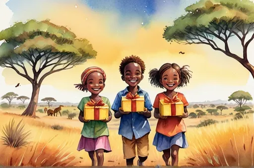 Prompt: (illustration for children's book cover), watercolor style, joyful (2 boys, 2 girls) smiling while holding small wrapped boxes, vibrant colors depicting a beautiful African savanna landscape, distant view, playful and whimsical cartoon vibe, cheerful expressions, inviting and magical essence.