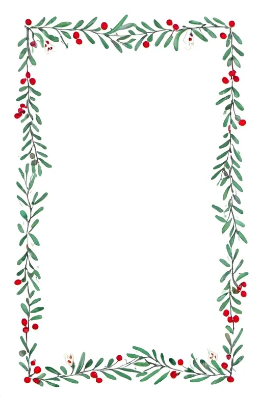 Prompt: a rectangular floral frame with a white background and a border of evergreen branches and red berries around the edges of the frame, Mary Reed, folk art, christmas themed, handdrawn, white background.