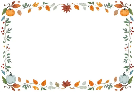 Prompt: a rectangular floral frame with a white background and a border of many autumn leaves and pumpkins facing different directions around the edges of the frame, folk art, autumn themed, handdrawn, white background.