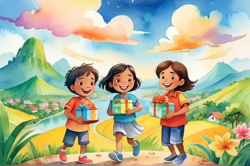 Prompt: watercolor children's book cover!!! illustration, happy 2boys 2girls holding small wrapped boxes, philippines landscape, distant_view, cartoon