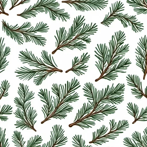 Prompt: seamless tile of evergreen branches on a white background, Mary Reed, folk art, christmas themed, handdrawn, white background.