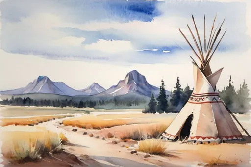 Prompt: watercolor landscape, teepee camp in the distance