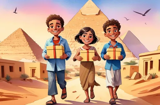 Prompt: (illustration for children's book cover), watercolor style, joyful scene, (2 boys, 2 girls) smiling, holding small wrapped boxes without bows, wearing traditional modern clothes, full body walking forward, enchanting Egypt landscape in the background, whimsical cartoon aesthetic, warm and cheerful ambiance.