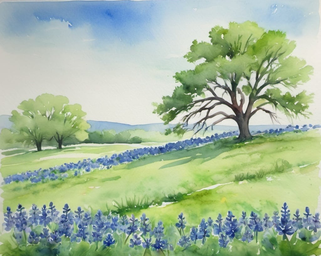 Prompt: watercolor landscape, green field with bluebonnets