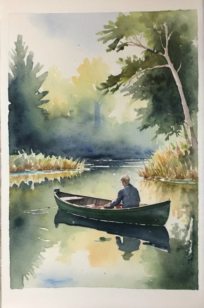 Prompt: watercolor, man alone in a rowboat, pond