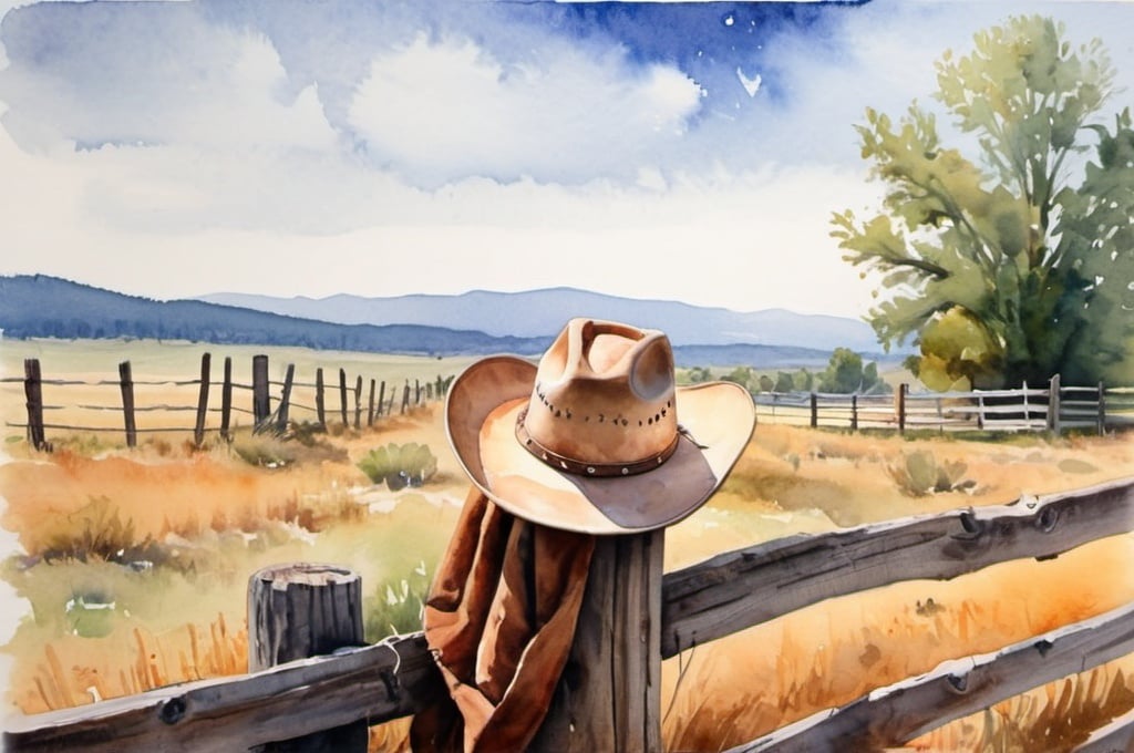 Prompt: watercolor landscape, cowboy hat resting on a fence post