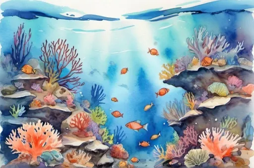 Prompt: watercolor landscape, underwater, coral reef, schools of fish