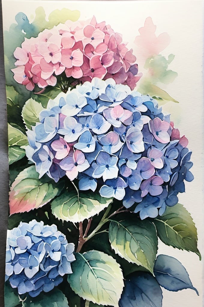 Prompt: watercolor, blue and pink hydrangeas bush