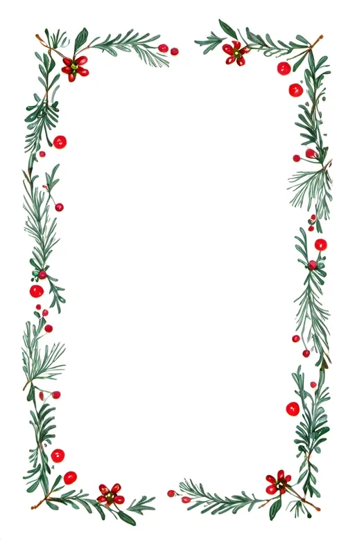 Prompt: a rectangular floral frame with a white background and a border of evergreen branches around the edges of the frame, Mary Reed, folk art, christmas themed, handdrawn, white background.