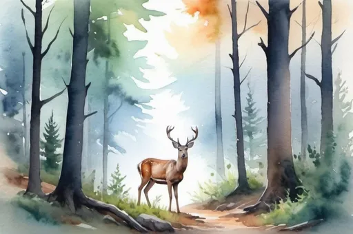 Prompt: watercolor landscape, deer in the forest