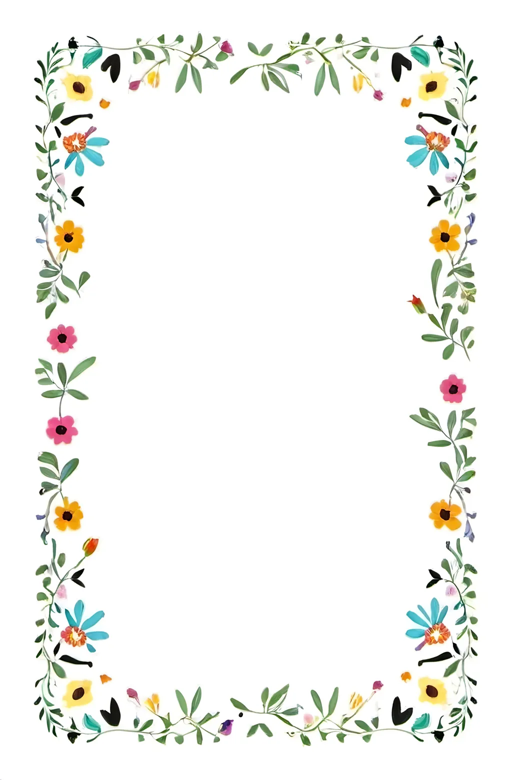 Prompt: a rectangular floral frame with a white background and a border of many flowers and leaves with black outlines on the edges of the frame, Annabel Kidston, folk art.