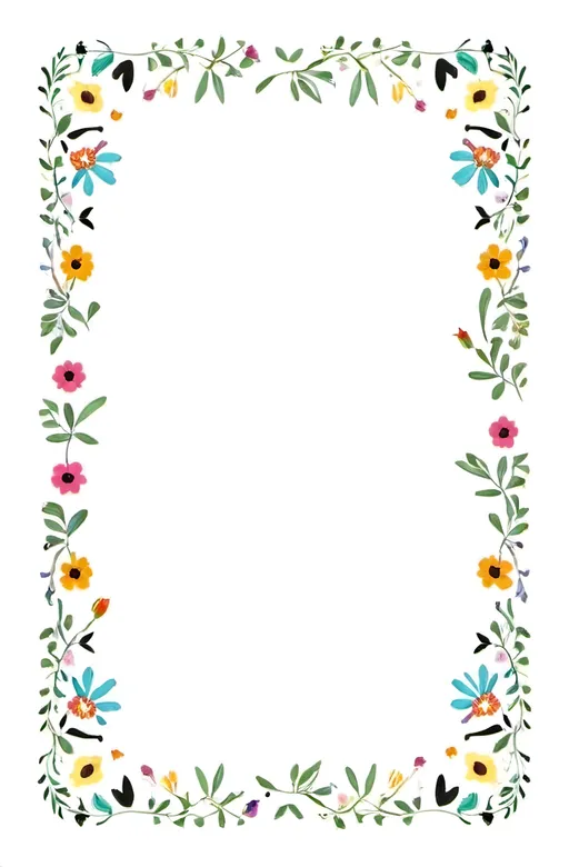 Prompt: a rectangular floral frame with a white background and a border of many flowers and leaves with black outlines on the edges of the frame, Annabel Kidston, folk art.