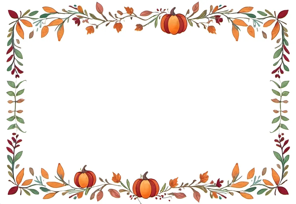 Prompt: a rectangular floral frame with a white background and a border of many autumn leaves and pumpkins facing different directions around the edges of the frame, folk art, autumn themed, handdrawn, white background.