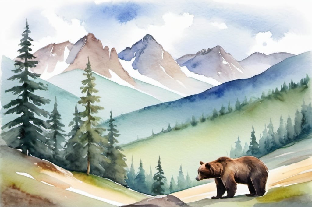 Prompt: watercolor landscape, bear in the mountains