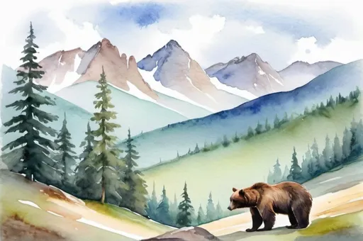Prompt: watercolor landscape, bear in the mountains