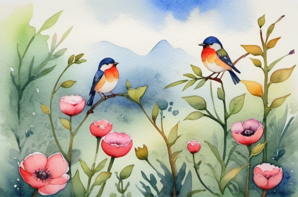 Prompt: watercolor landscape, tiny song birds in a garden