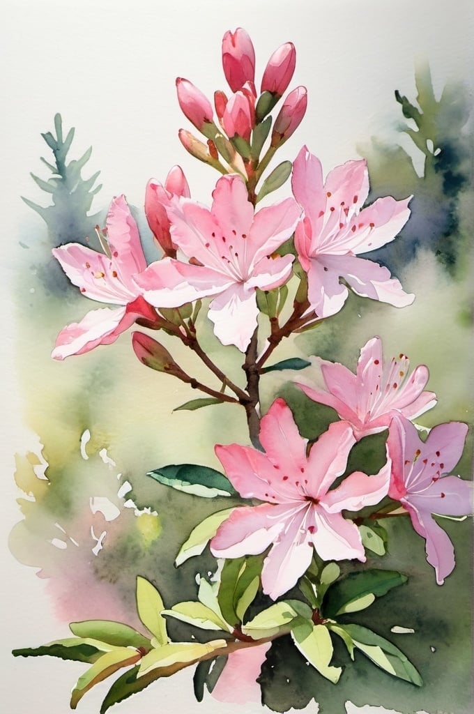 Prompt: watercolor, light pink azelea bush