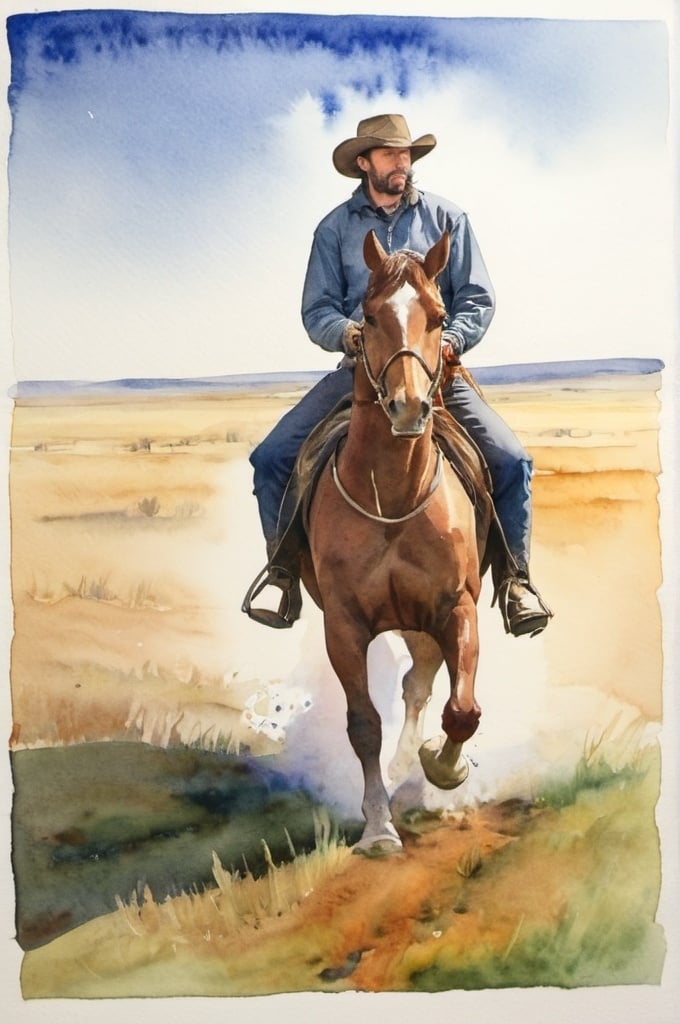 Prompt: watercolor, man alone riding a horse, prairie