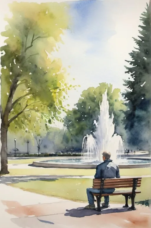 Prompt: watercolor, man alone on a park bench in the distance, fountain
