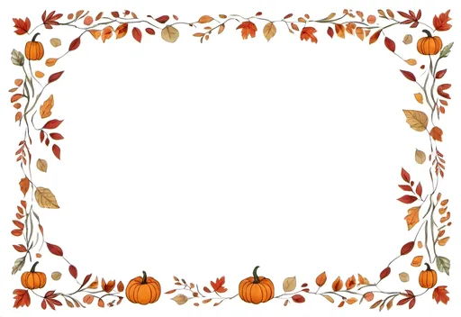 Prompt: a rectangular floral frame with a white background and a border of many autumn leaves and pumpkins facing different directions around the edges of the frame, folk art, autumn themed, handdrawn, white background.