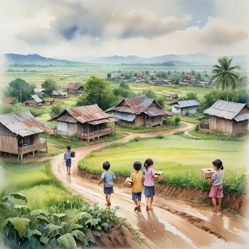 Prompt: vague watercolor, aerial view, four children holding small wrapped boxes in background, rural village, thailand landscape, joy