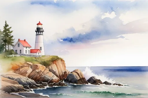 Prompt: watercolor landscape, lighthouse, rocky