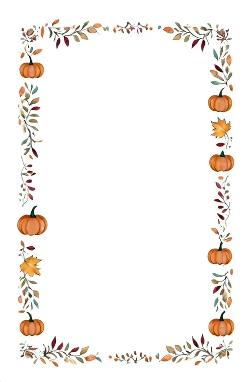 Prompt: a rectangular floral frame with a white background and a border of many autumn leaves and pumpkins facing different directions around the edges of the frame, Mary Reed, folk art, autumn themed, handdrawn, white background.