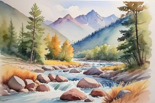 Prompt: watercolor landscape, mountains, river rapids