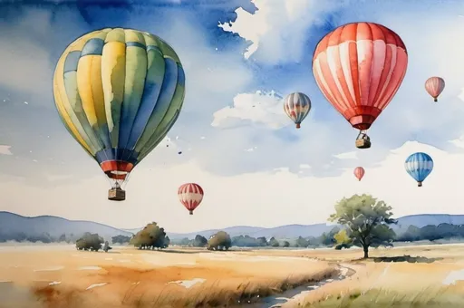 Prompt: watercolor landscape, hot air balloons, blue skies