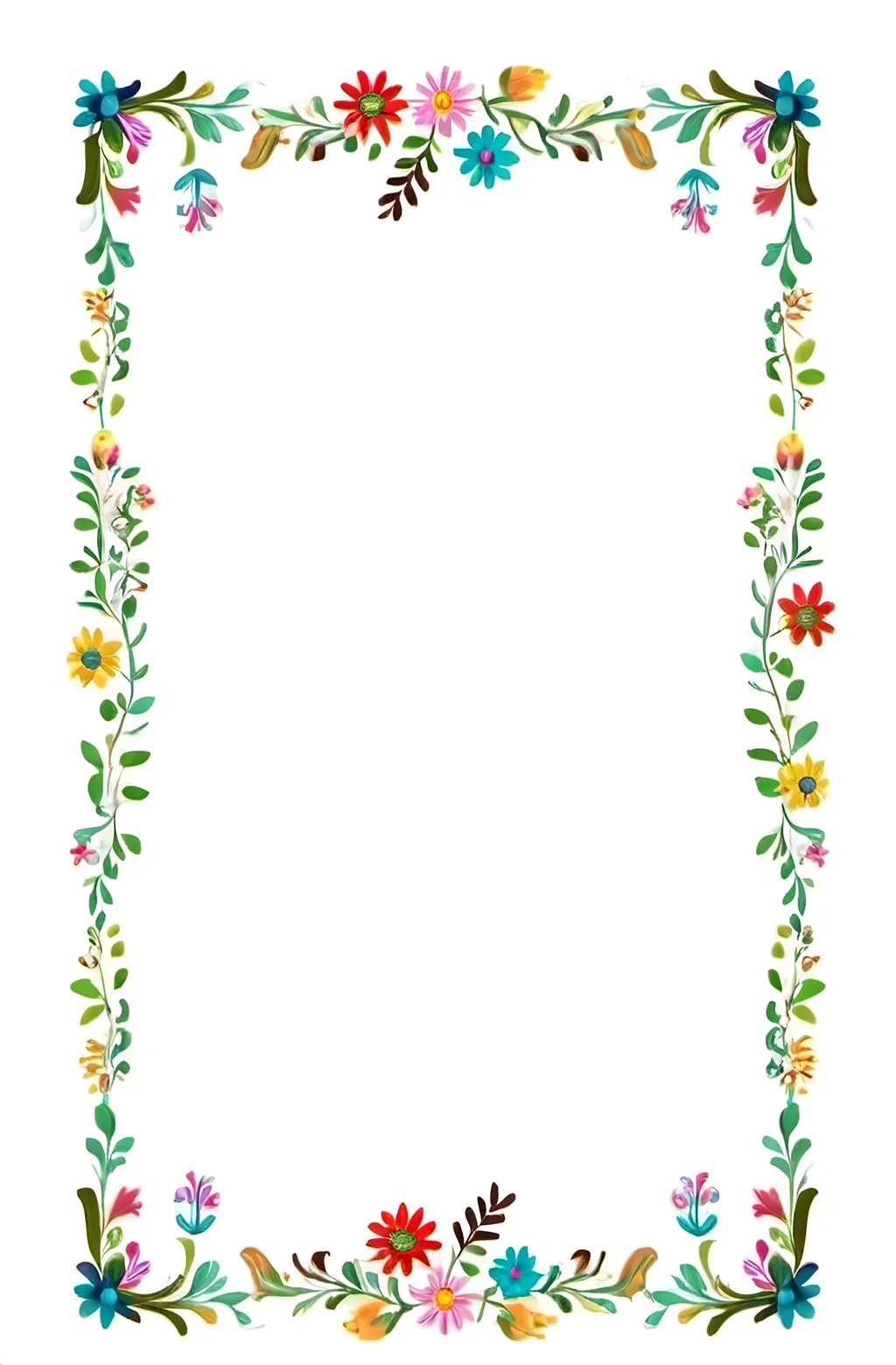 Prompt: a rectangular floral frame with a white background and a border of many flowers and leaves on the edges of the frame, Annabel Kidston, folk art, white background.