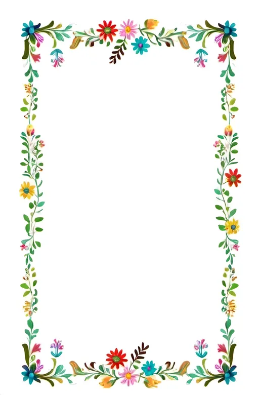 Prompt: a rectangular floral frame with a white background and a border of many flowers and leaves on the edges of the frame, Annabel Kidston, folk art, white background.