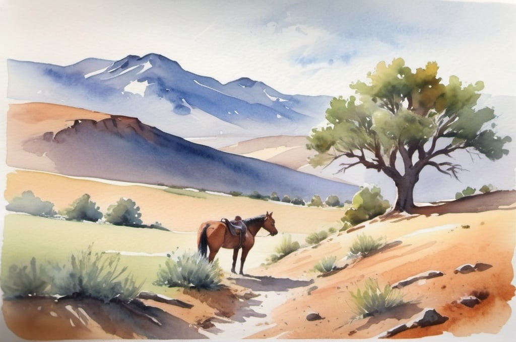 Prompt: watercolor landscape, saddle