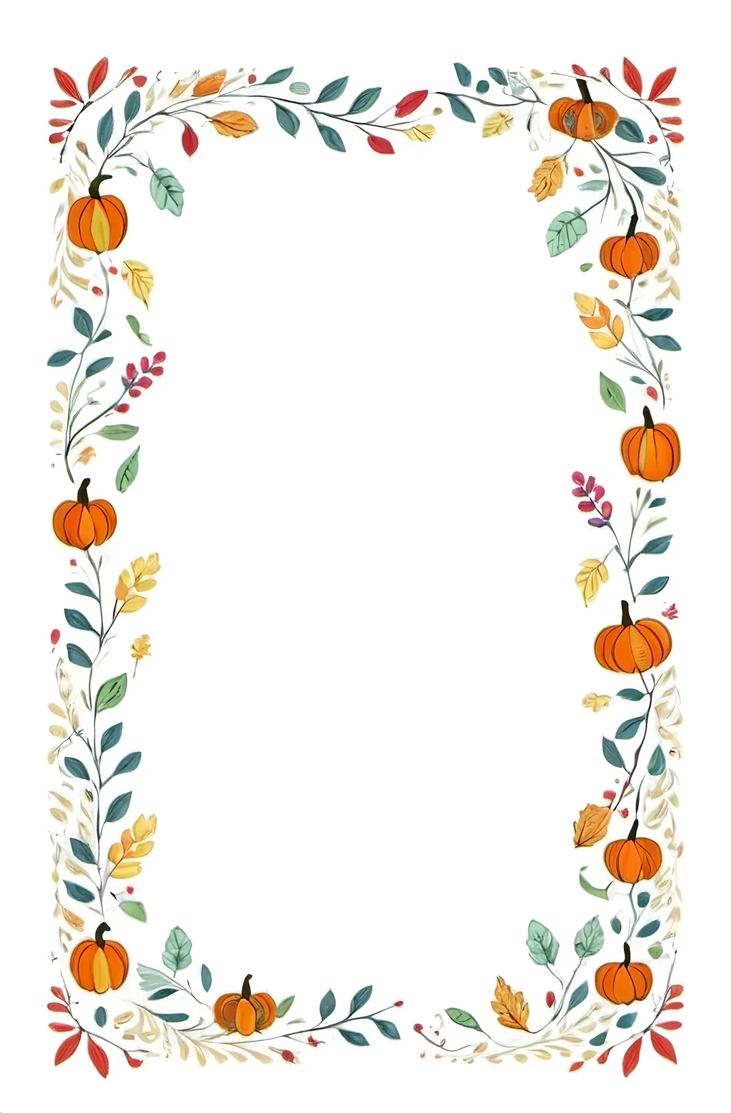 Prompt: a rectangular floral frame with a white background and a border of many autumn leaves and pumpkins facing different directions around the edges of the frame, Annabel Kidston, folk art, autumn themed, handdrawn, white background.