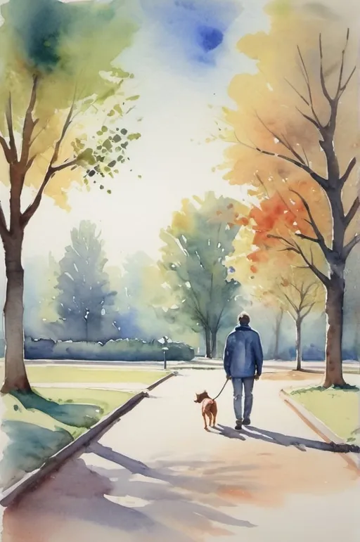 Prompt: watercolor, man walking a dog alone in the distance, park