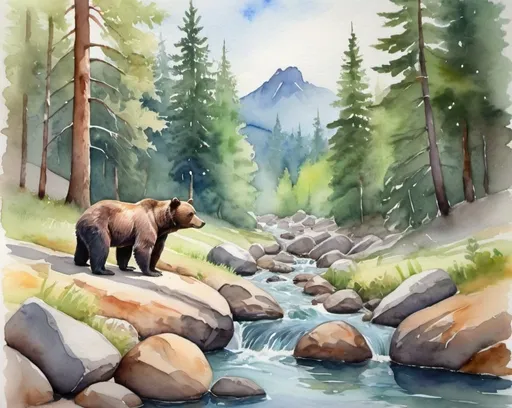 Prompt: watercolor landscape, forest, stream, bear, rocks