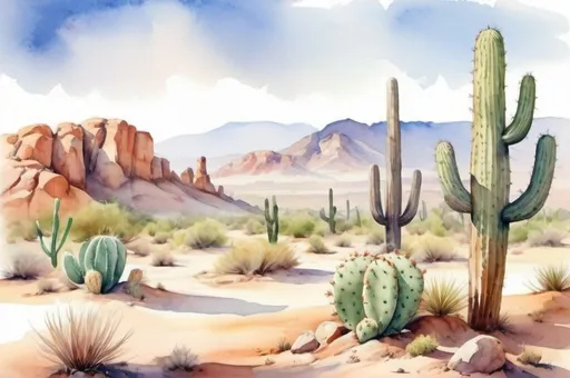 Prompt: watercolor landscape, desert, cactus