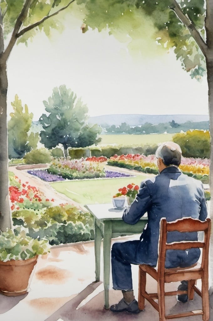Prompt: watercolor, man at a table facing away, in the distance, looking at garden