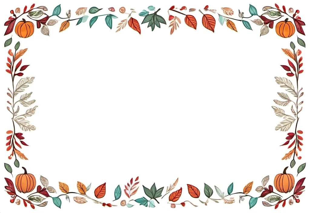 Prompt: a rectangular floral frame with a white background and a border of many autumn leaves and pumpkins facing different directions around the edges of the frame, folk art, autumn themed, handdrawn, white background.