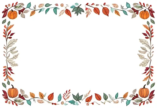 Prompt: a rectangular floral frame with a white background and a border of many autumn leaves and pumpkins facing different directions around the edges of the frame, folk art, autumn themed, handdrawn, white background.