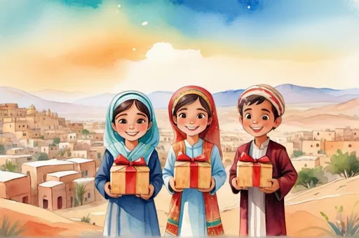 Prompt: (illustration for children's book cover), vibrant watercolor style, joyful and playful scene, (2 boys, 2 girls) smiling brightly, holding small wrapped boxes, wearing traditional clothes without hats, standing in distance, enchanting Middle East landscape in the background, whimsical cartoon aesthetic, warm and cheerful ambiance.