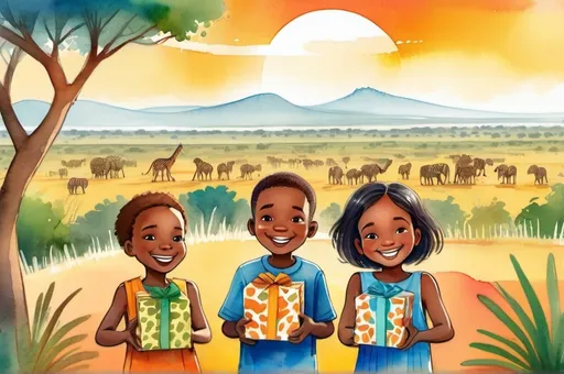 Prompt: (illustration for children's book cover), watercolor style, joyful (2 boys, 2 girls) smiling while holding small wrapped boxes, vibrant colors depicting a beautiful African savanna landscape in the distance, playful and whimsical cartoon, smiling expressions.