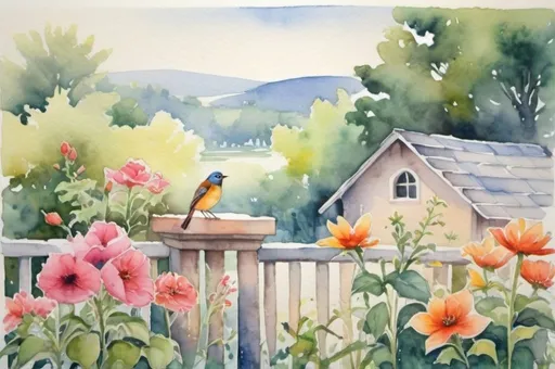 Prompt: watercolor landscape, garden, songbirds