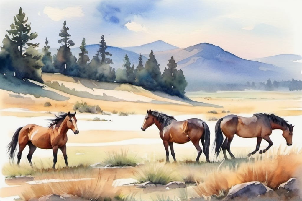 Prompt: watercolor landscape, wild horses