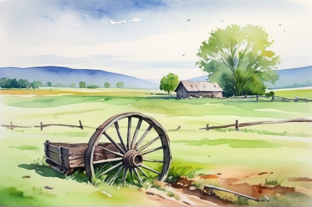 Prompt: watercolor landscape, green field with broken wooden wagon wheel