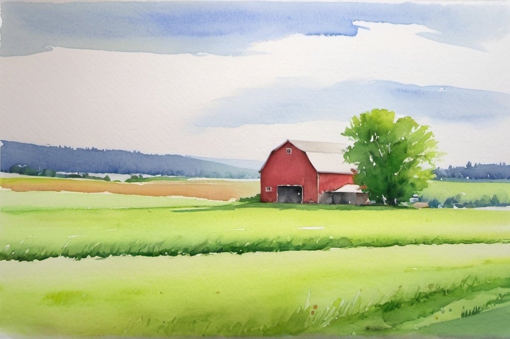 Prompt: watercolor landscape, green field with a red barn in the distance