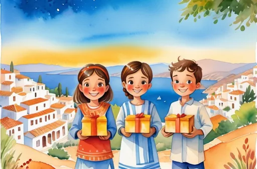 Prompt: (illustration for children's book cover), vibrant watercolor style, joyful and playful scene, (2 boys, 2 girls) smiling brightly, holding small wrapped boxes without bows, wearing traditional clothes wearing sandals, standing in distance, enchanting Greece landscape in the background, whimsical cartoon aesthetic, warm and cheerful ambiance.