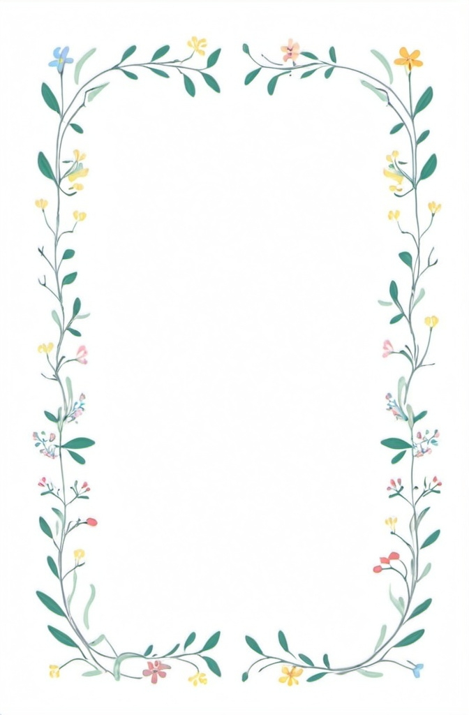 Prompt: (flat line design), small thin rectangular frame of (outlined flowers and delicate vines), minimalist elegance, simple composition, white background, clean lines, subtle details, balanced layout, light and airy ambiance, modern design elements, high-quality, visually pleasing.