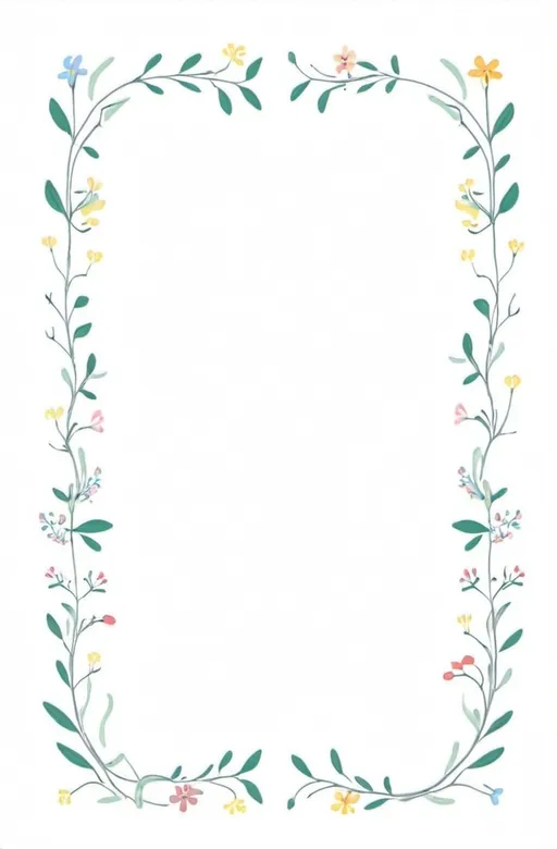 Prompt: (flat line design), small thin rectangular frame of (outlined flowers and delicate vines), minimalist elegance, simple composition, white background, clean lines, subtle details, balanced layout, light and airy ambiance, modern design elements, high-quality, visually pleasing.