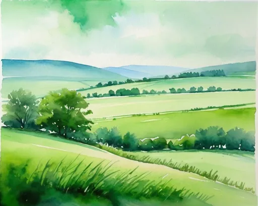 Prompt: watercolor landscape, green field