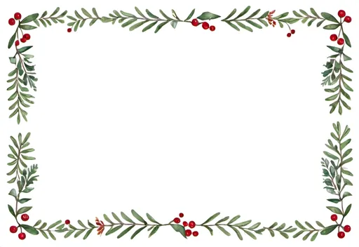 Prompt: a rectangular floral frame with a white background and a border of evergreen branches and holly around the edges of the frame, folk art, Christmas themed, handdrawn, white background.